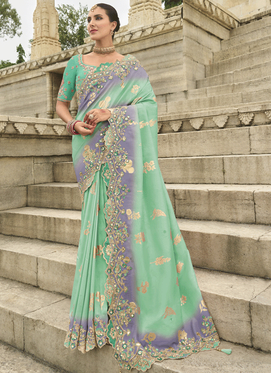 Aqua Green and Purple Embroidered Silk Designer Saree
