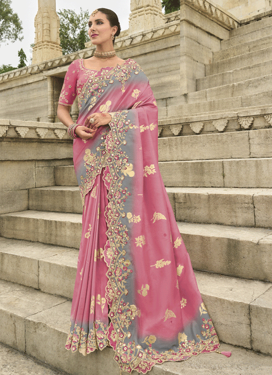 Puce Pink and Grey Embroidered Silk Designer Saree