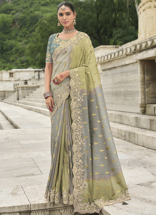 Smoke Grey and Pistachio Green Embroidered Silk Designer Saree