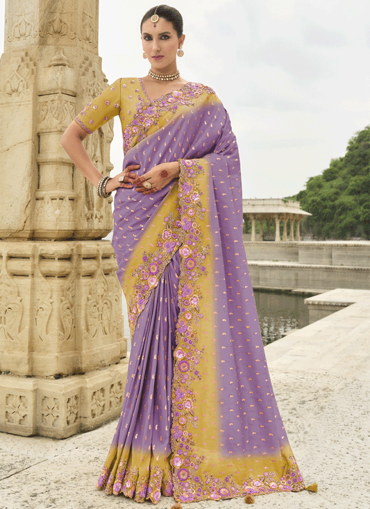 Lilac and Mustard  Embroidered Silk Designer Saree