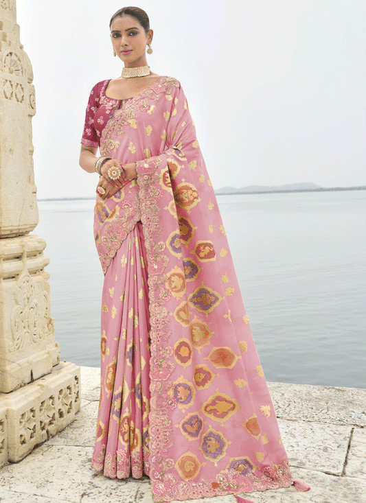 Rose Pink  Embroidered Silk Designer Saree