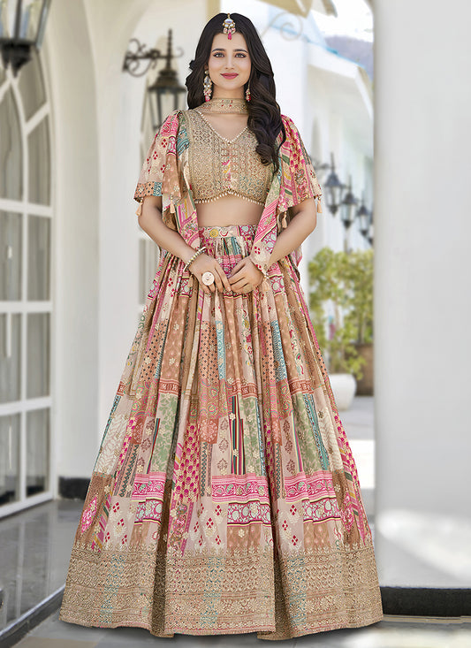 Beige Embroidered Chinnon Silk Lehenga Choli Set for Festival