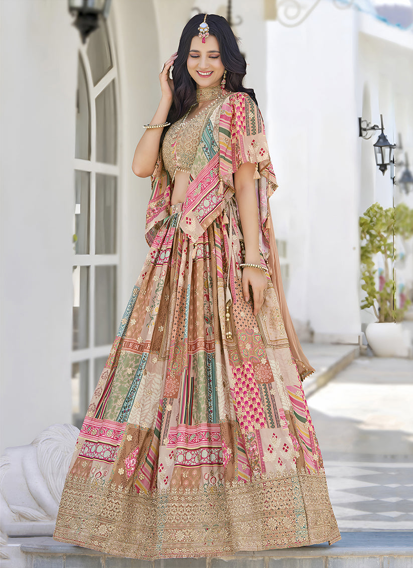 Beige Embroidered Chinnon Silk Lehenga Choli Set for Festival