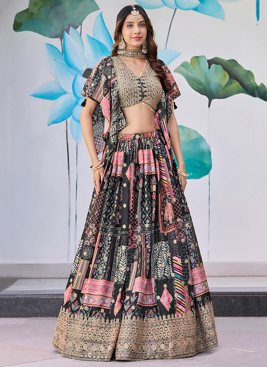 Black Embroidered Chinnon Silk Lehenga Choli Set for Festival