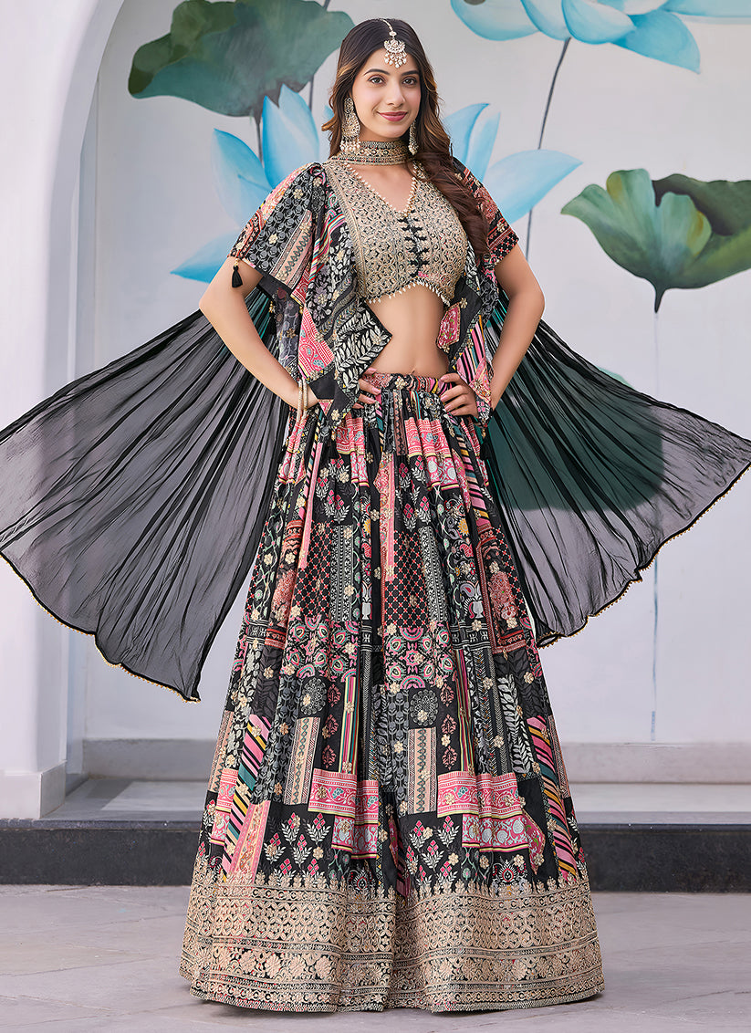Black Embroidered Chinnon Silk Lehenga Choli Set for Festival