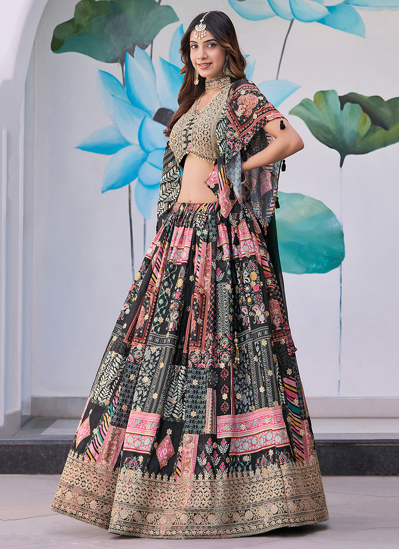 Black Embroidered Chinnon Silk Lehenga Choli Set for Festival