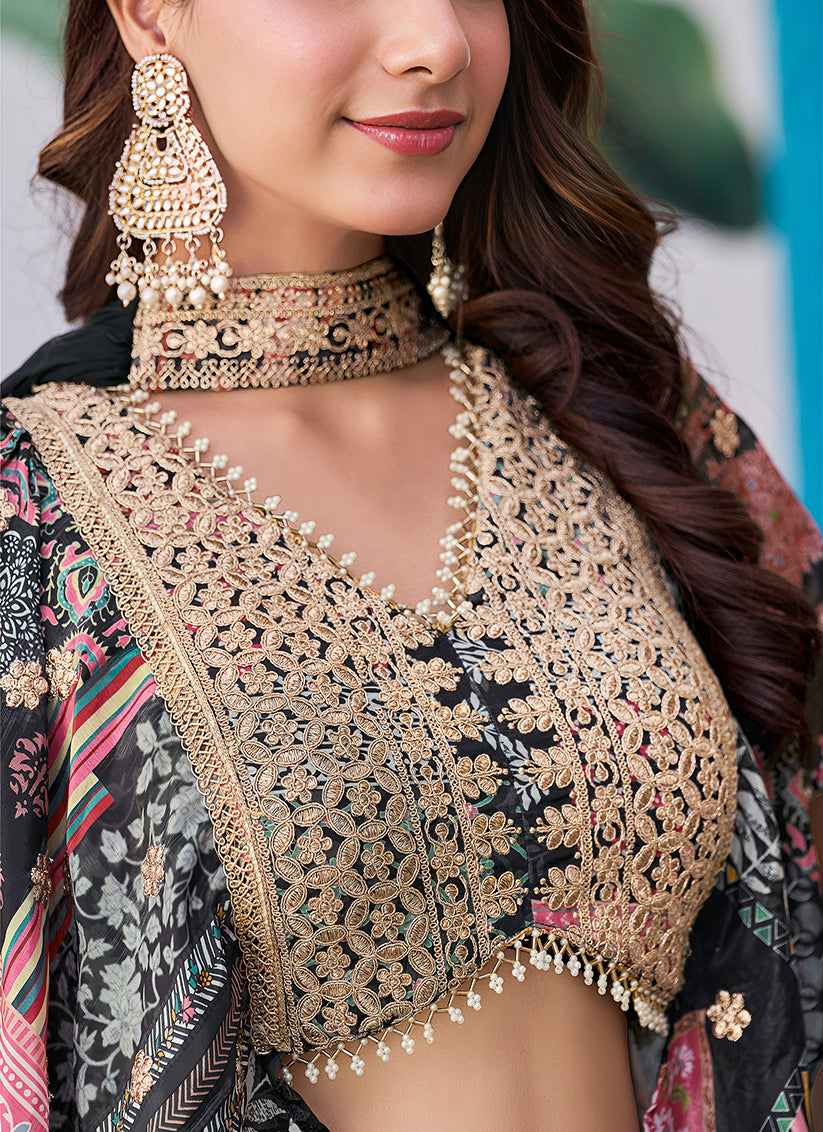 Black Embroidered Chinnon Silk Lehenga Choli Set for Festival