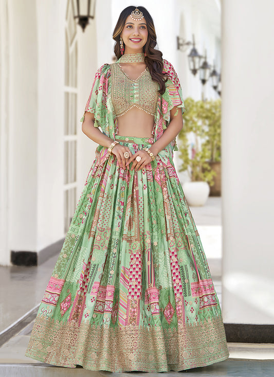 Pistachio Green Embroidered Chinnon Silk Lehenga Choli Set for Festival