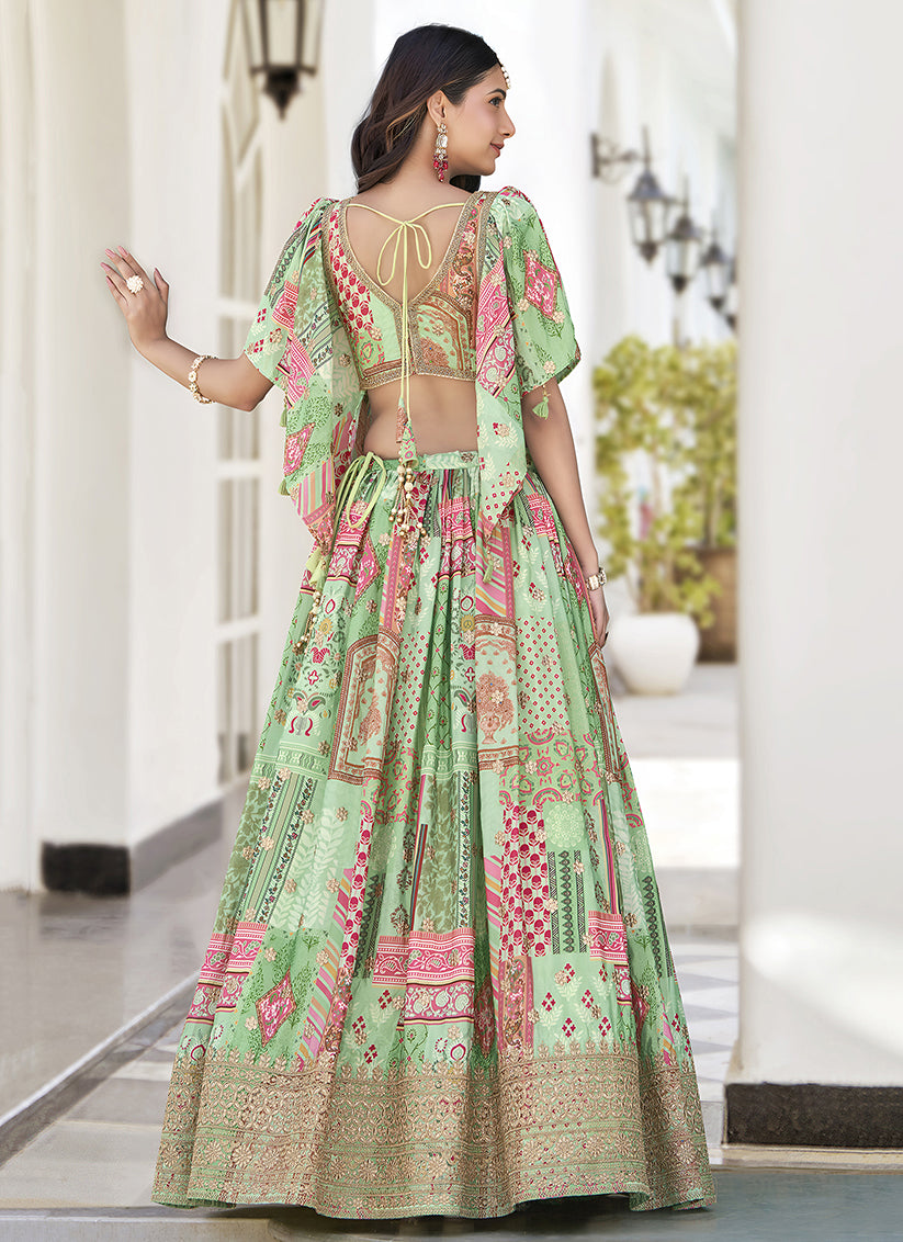 Pistachio Green Embroidered Chinnon Silk Lehenga Choli Set for Festival