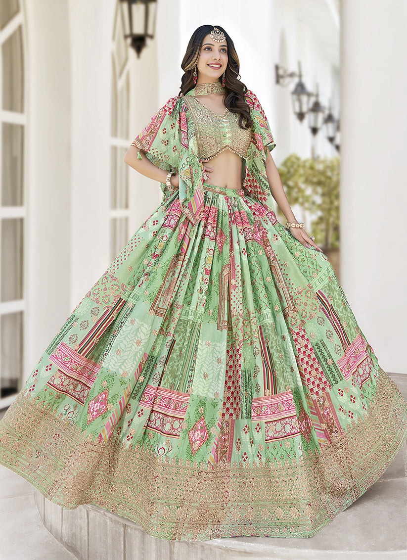 Pistachio Green Embroidered Chinnon Silk Lehenga Choli Set for Festival