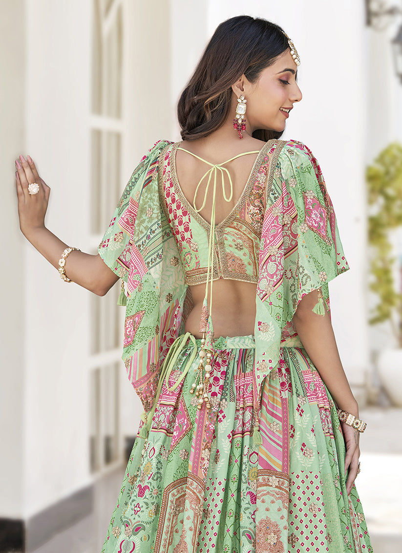 Pistachio Green Embroidered Chinnon Silk Lehenga Choli Set for Festival