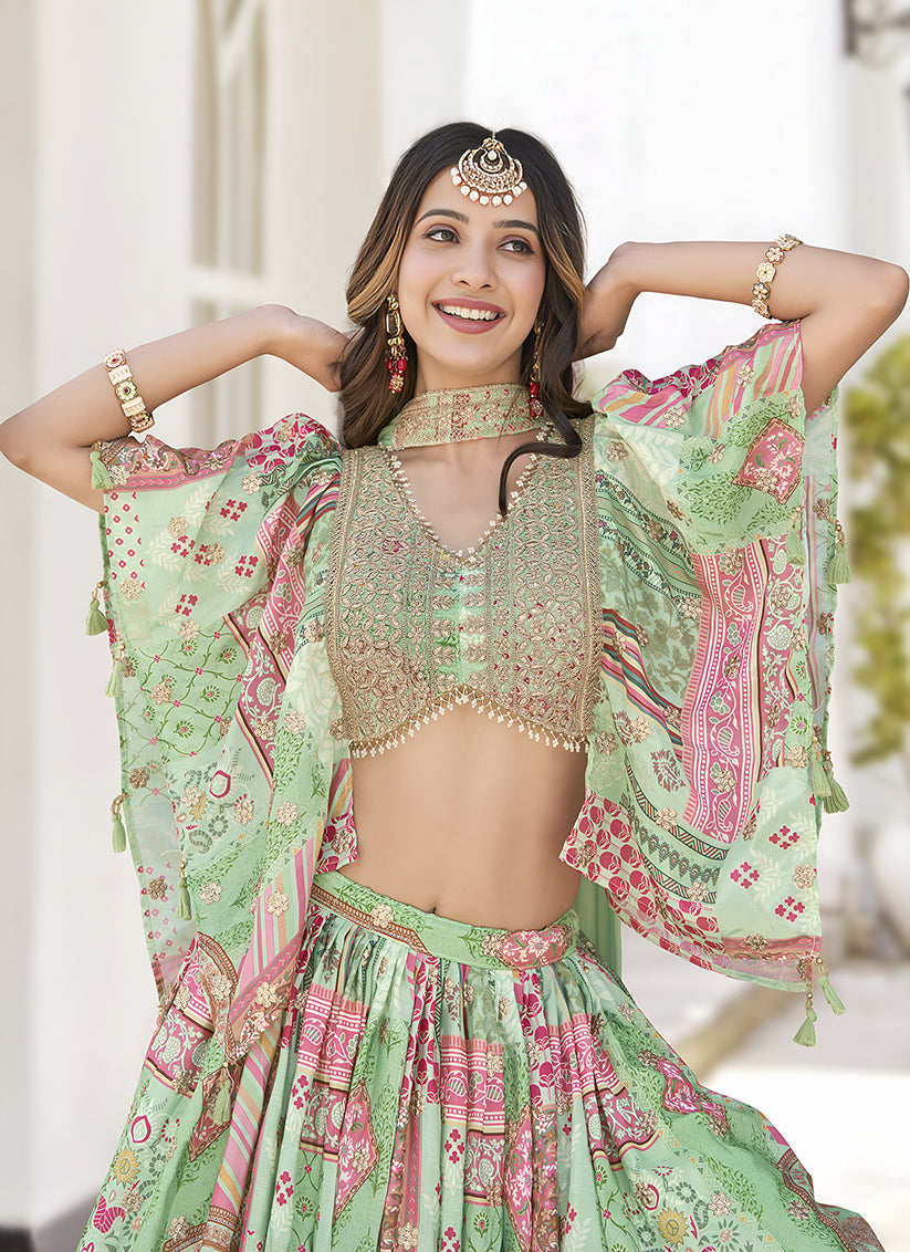 Pistachio Green Embroidered Chinnon Silk Lehenga Choli Set for Festival