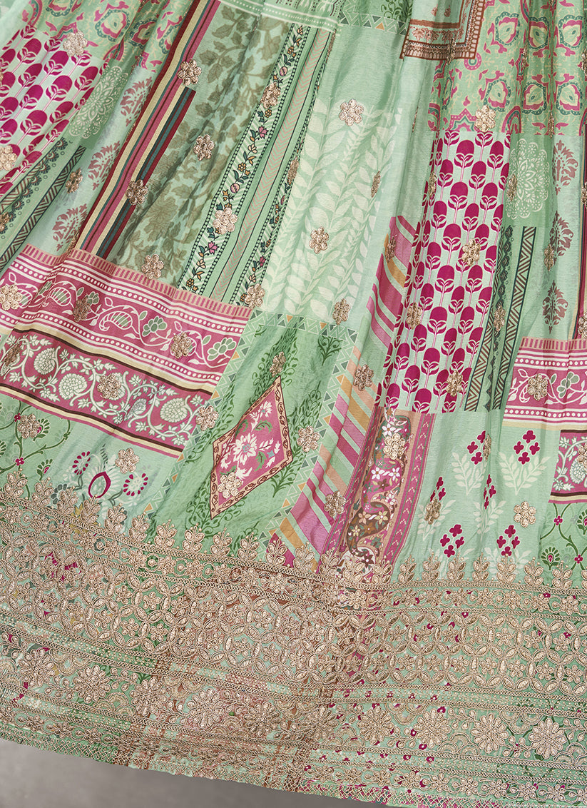 Pistachio Green Embroidered Chinnon Silk Lehenga Choli Set for Festival
