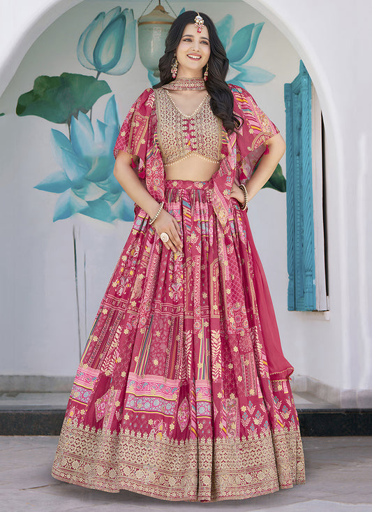 Rani Pink Embroidered Chinnon Silk Lehenga Choli Set for Festival