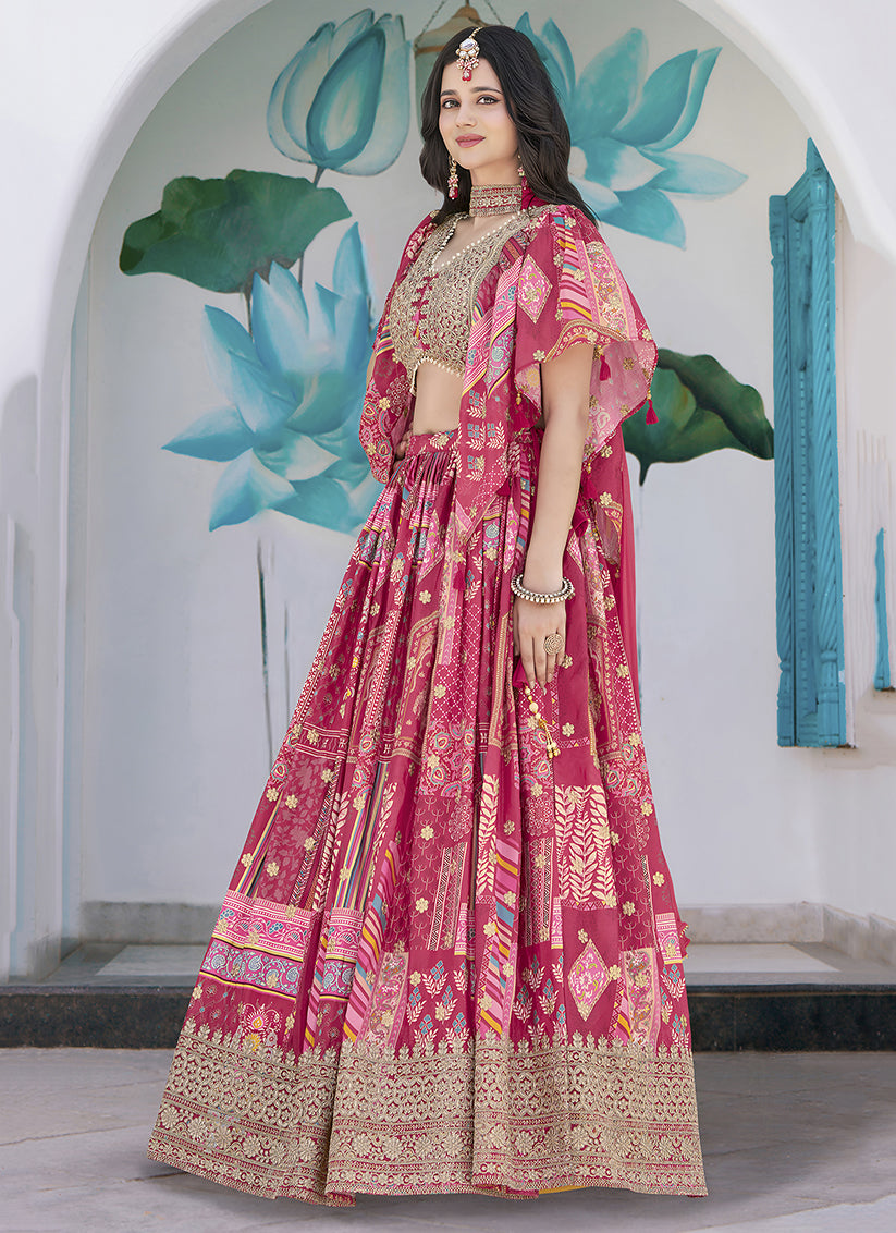Rani Pink Embroidered Chinnon Silk Lehenga Choli Set for Festival