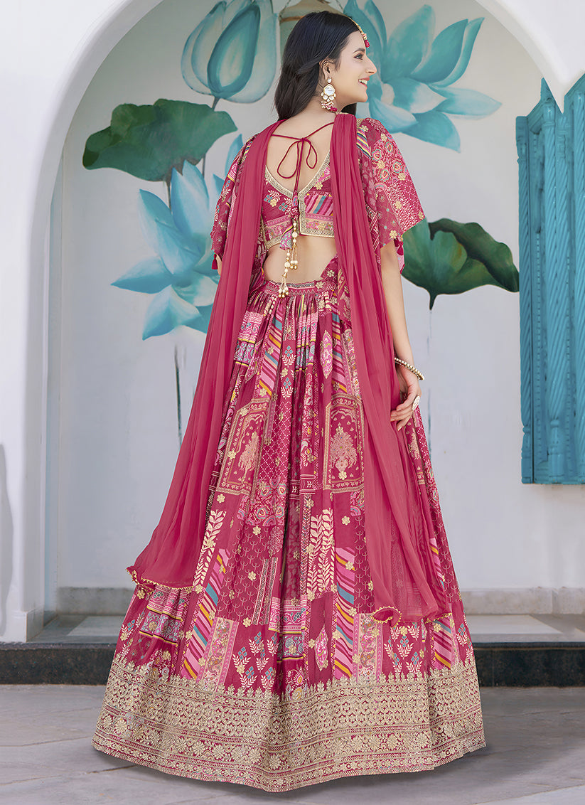 Rani Pink Embroidered Chinnon Silk Lehenga Choli Set for Festival