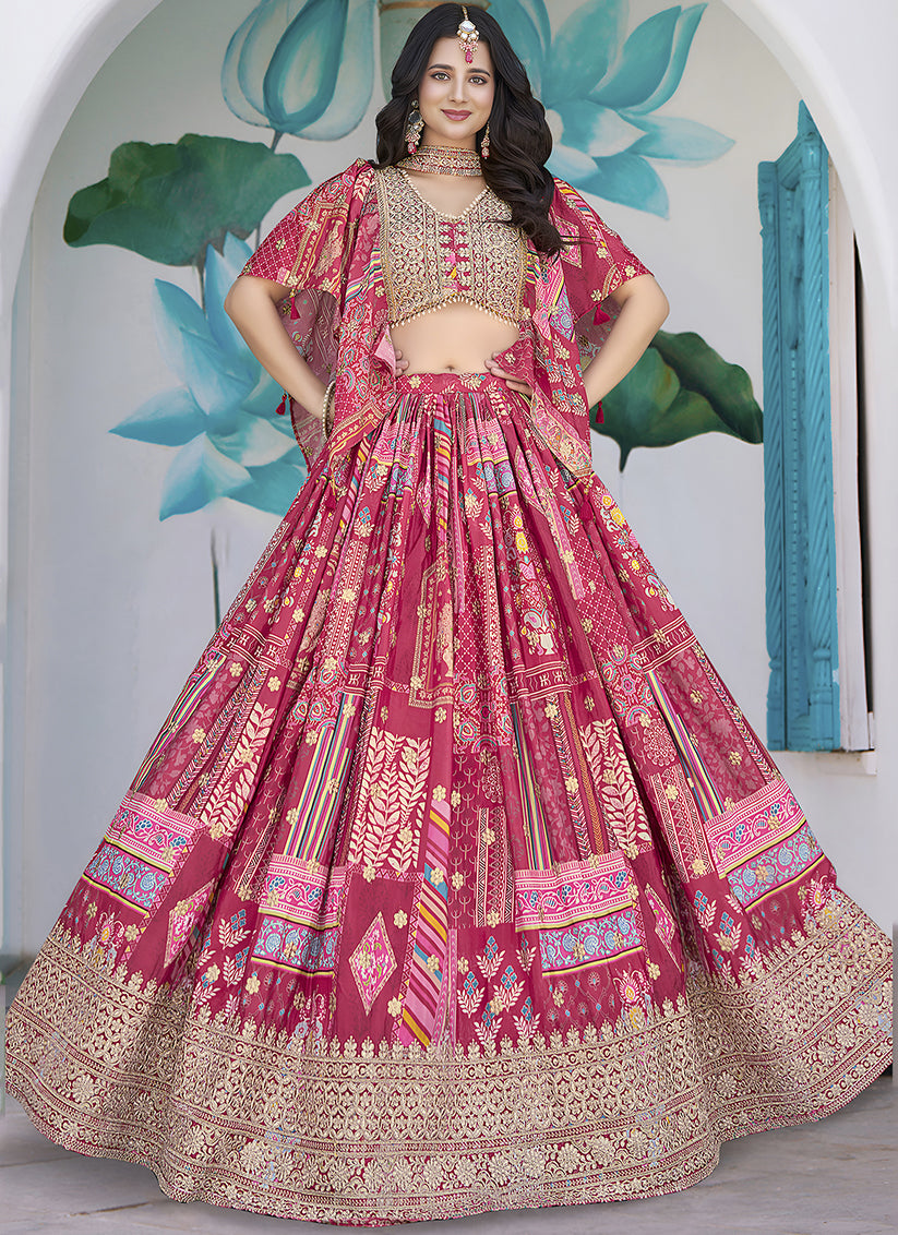 Rani Pink Embroidered Chinnon Silk Lehenga Choli Set for Festival