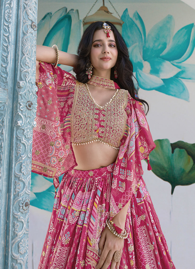 Rani Pink Embroidered Chinnon Silk Lehenga Choli Set for Festival