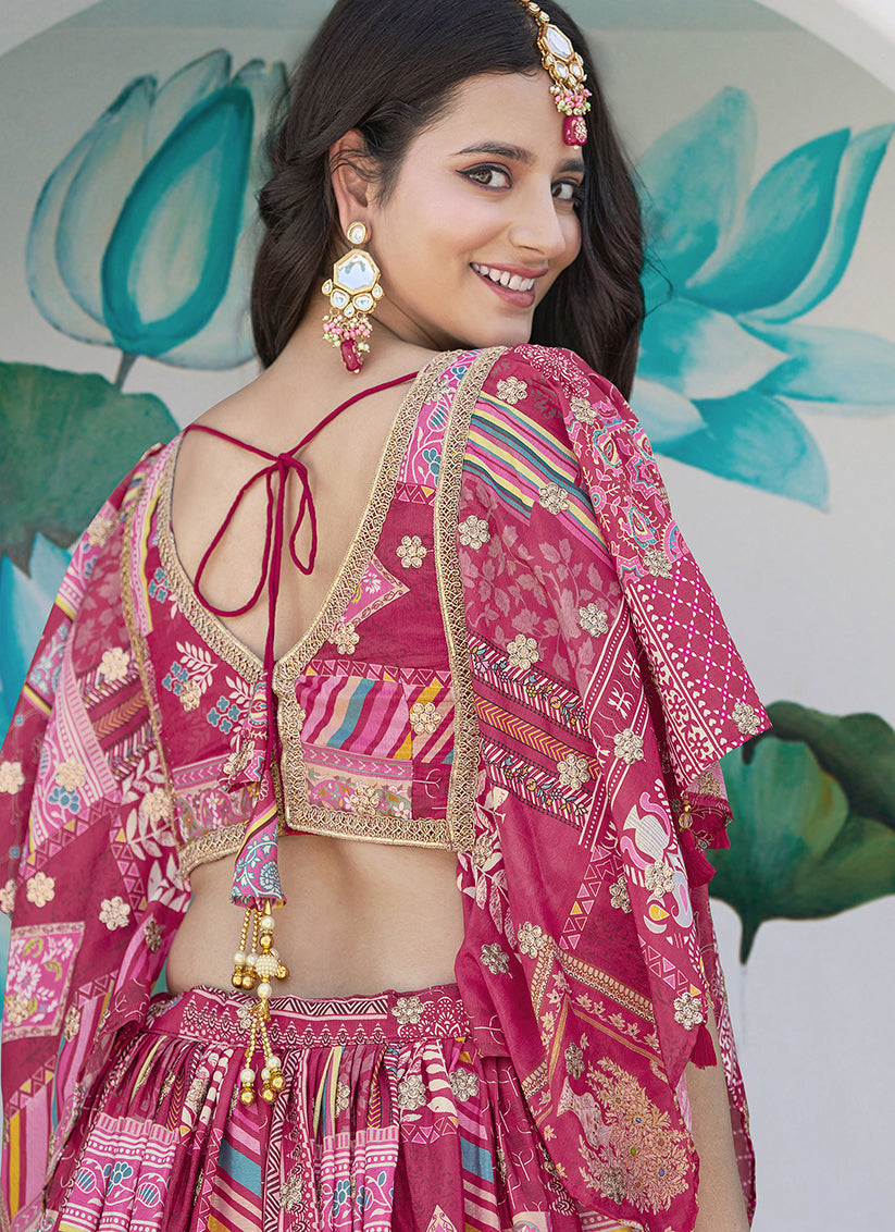 Rani Pink Embroidered Chinnon Silk Lehenga Choli Set for Festival