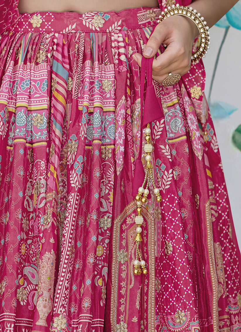 Rani Pink Embroidered Chinnon Silk Lehenga Choli Set for Festival