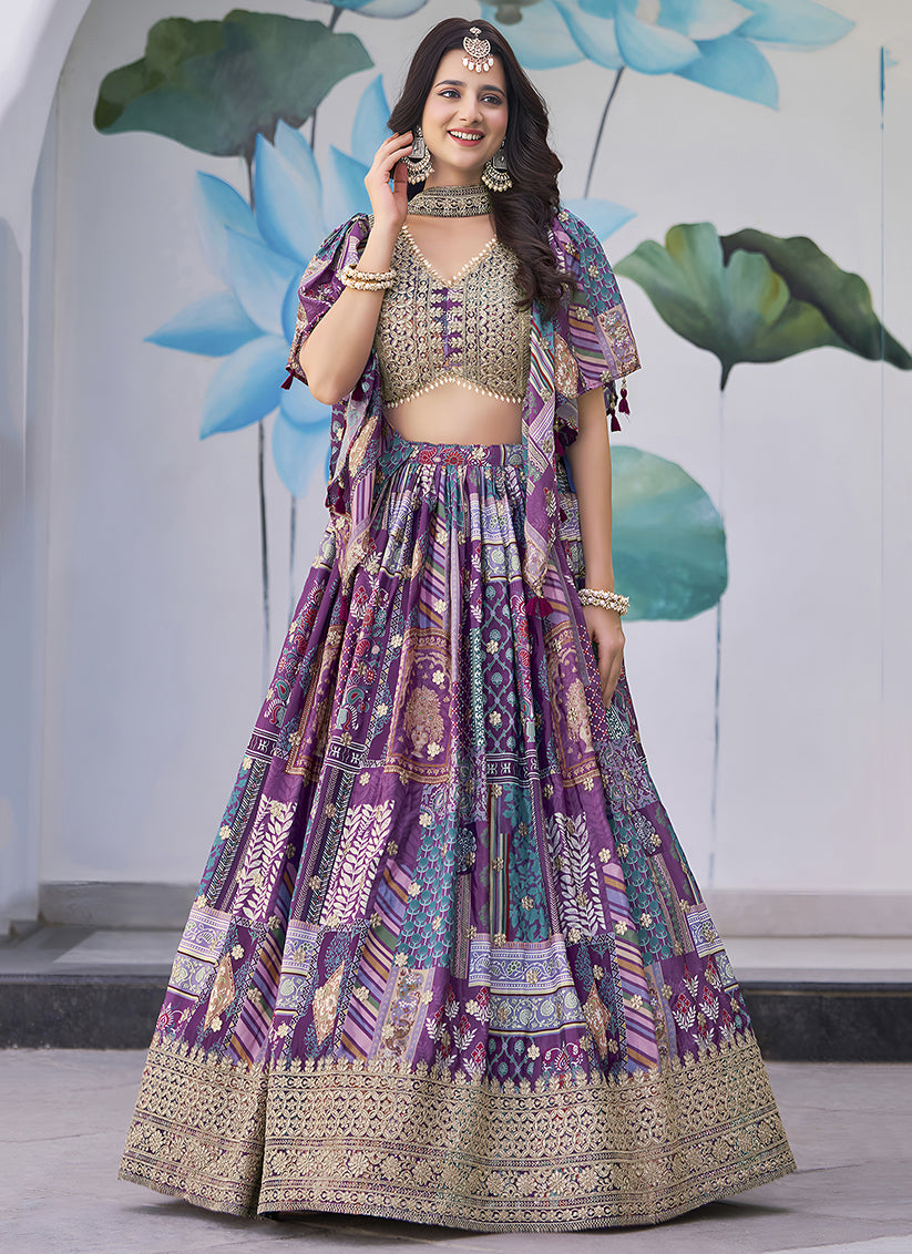 Purple Embroidered Chinnon Silk Lehenga Choli Set for Festival