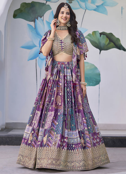 Purple Embroidered Chinnon Silk Lehenga Choli Set for Festival
