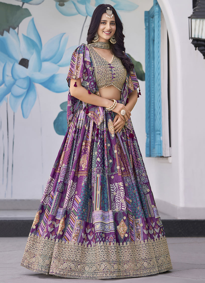 Purple Embroidered Chinnon Silk Lehenga Choli Set for Festival
