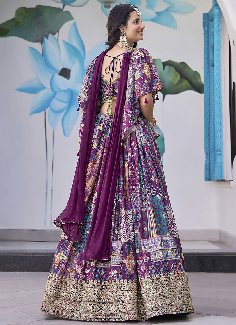 Purple Embroidered Chinnon Silk Lehenga Choli Set for Festival