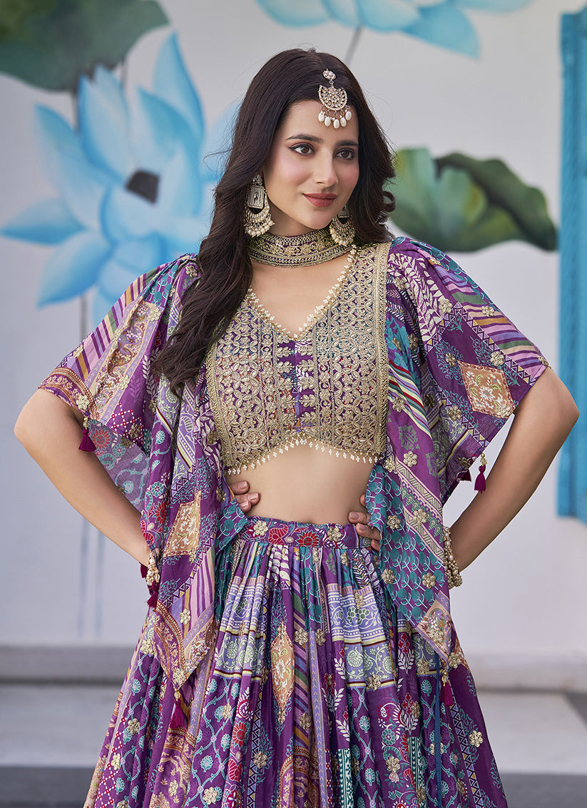 Purple Embroidered Chinnon Silk Lehenga Choli Set for Festival