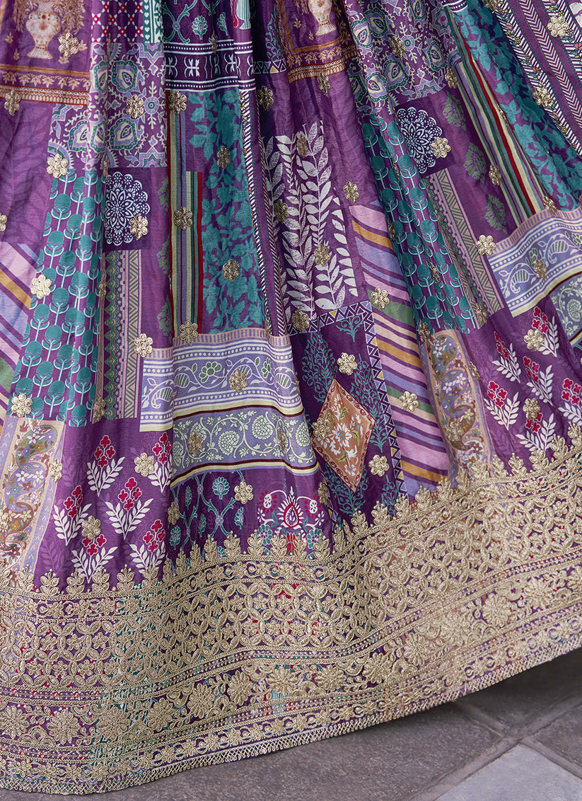 Purple Embroidered Chinnon Silk Lehenga Choli Set for Festival