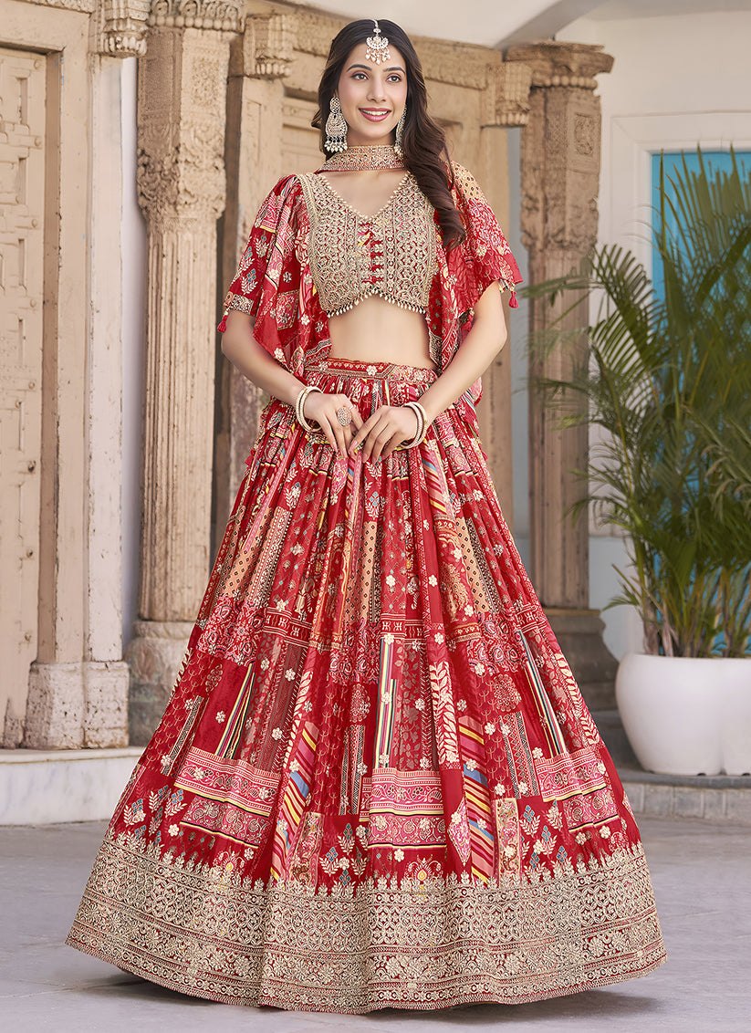 Red Embroidered Chinnon Silk Lehenga Choli Set for Festival
