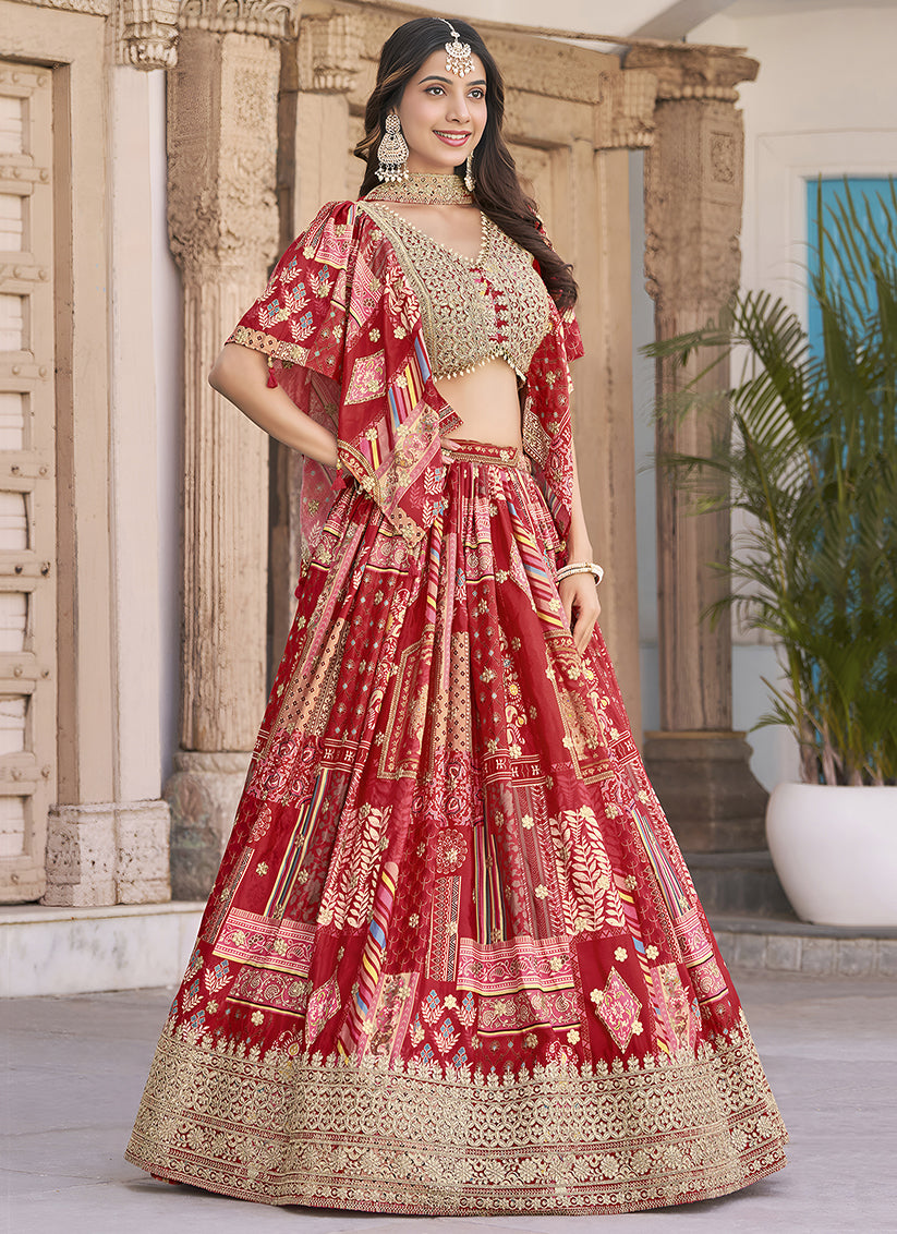 Red Embroidered Chinnon Silk Lehenga Choli Set for Festival