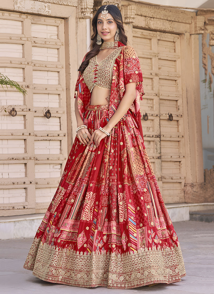 Red Embroidered Chinnon Silk Lehenga Choli Set for Festival