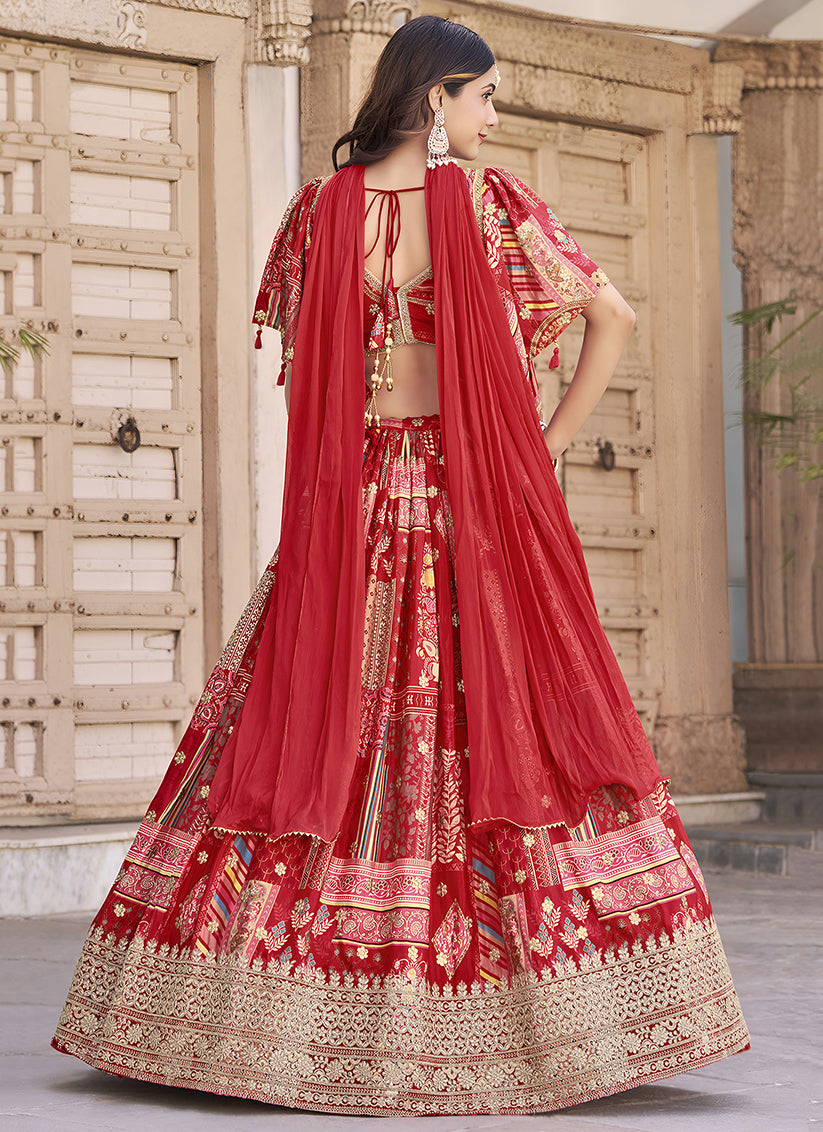 Red Embroidered Chinnon Silk Lehenga Choli Set for Festival
