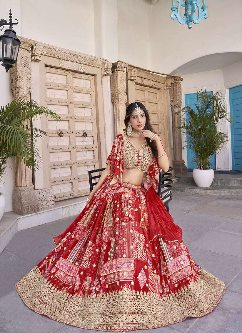 Red Embroidered Chinnon Silk Lehenga Choli Set for Festival