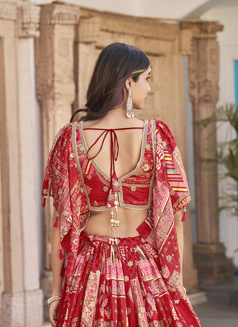 Red Embroidered Chinnon Silk Lehenga Choli Set for Festival