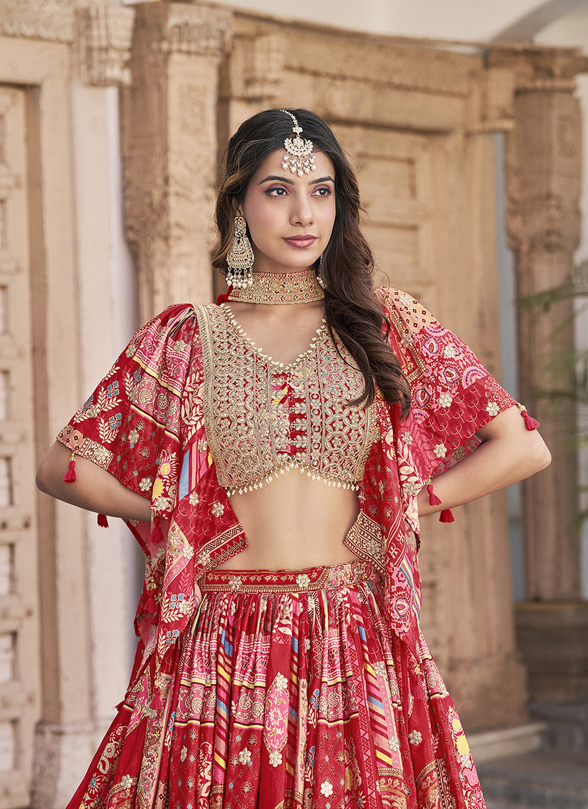 Red Embroidered Chinnon Silk Lehenga Choli Set for Festival