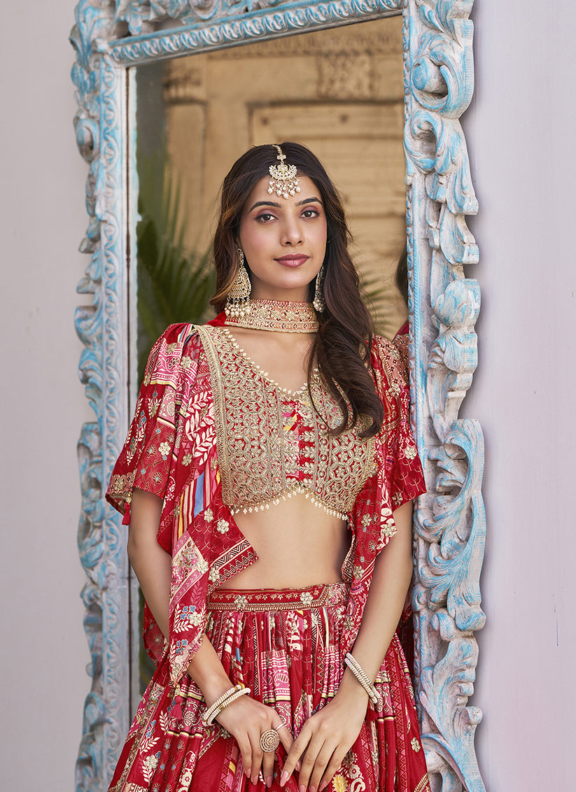 Red Embroidered Chinnon Silk Lehenga Choli Set for Festival