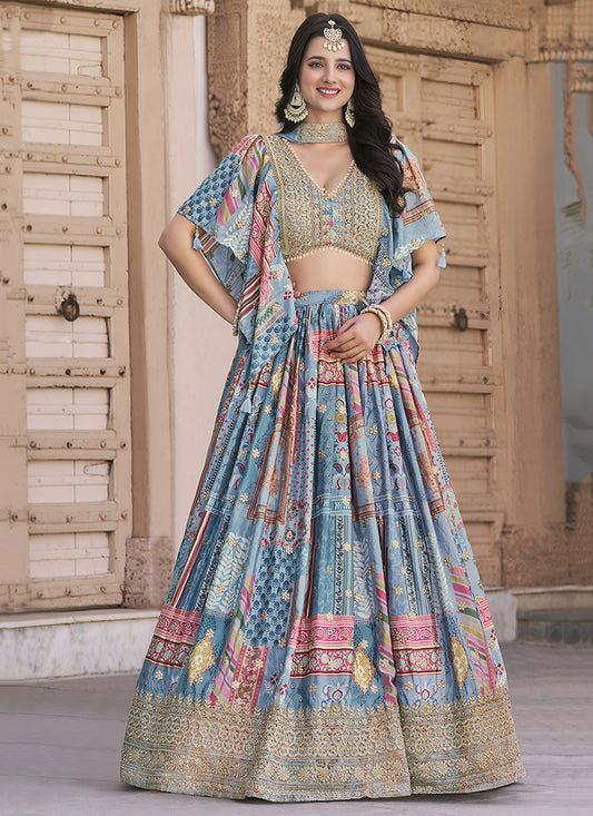 Sky Blue Embroidered Chinnon Silk Lehenga Choli Set for Festival