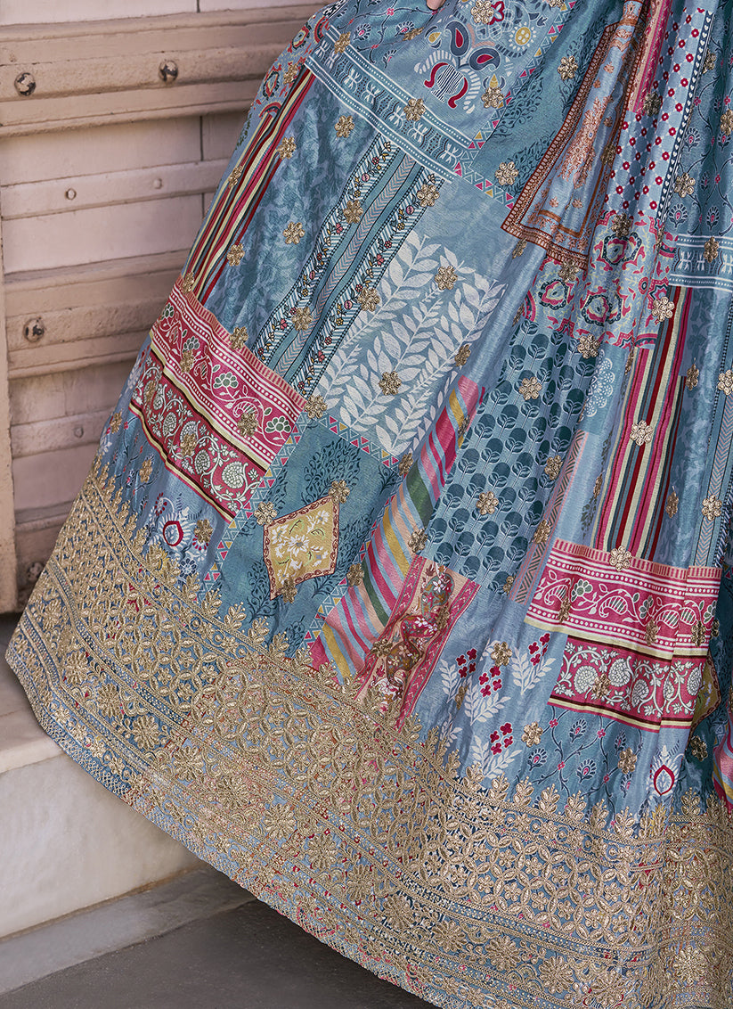 Sky Blue Embroidered Chinnon Silk Lehenga Choli Set for Festival