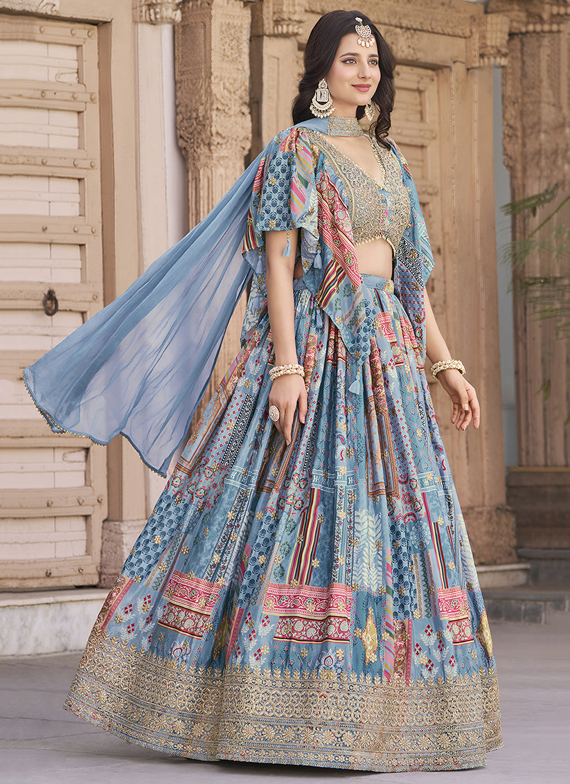 Sky Blue Embroidered Chinnon Silk Lehenga Choli Set for Festival