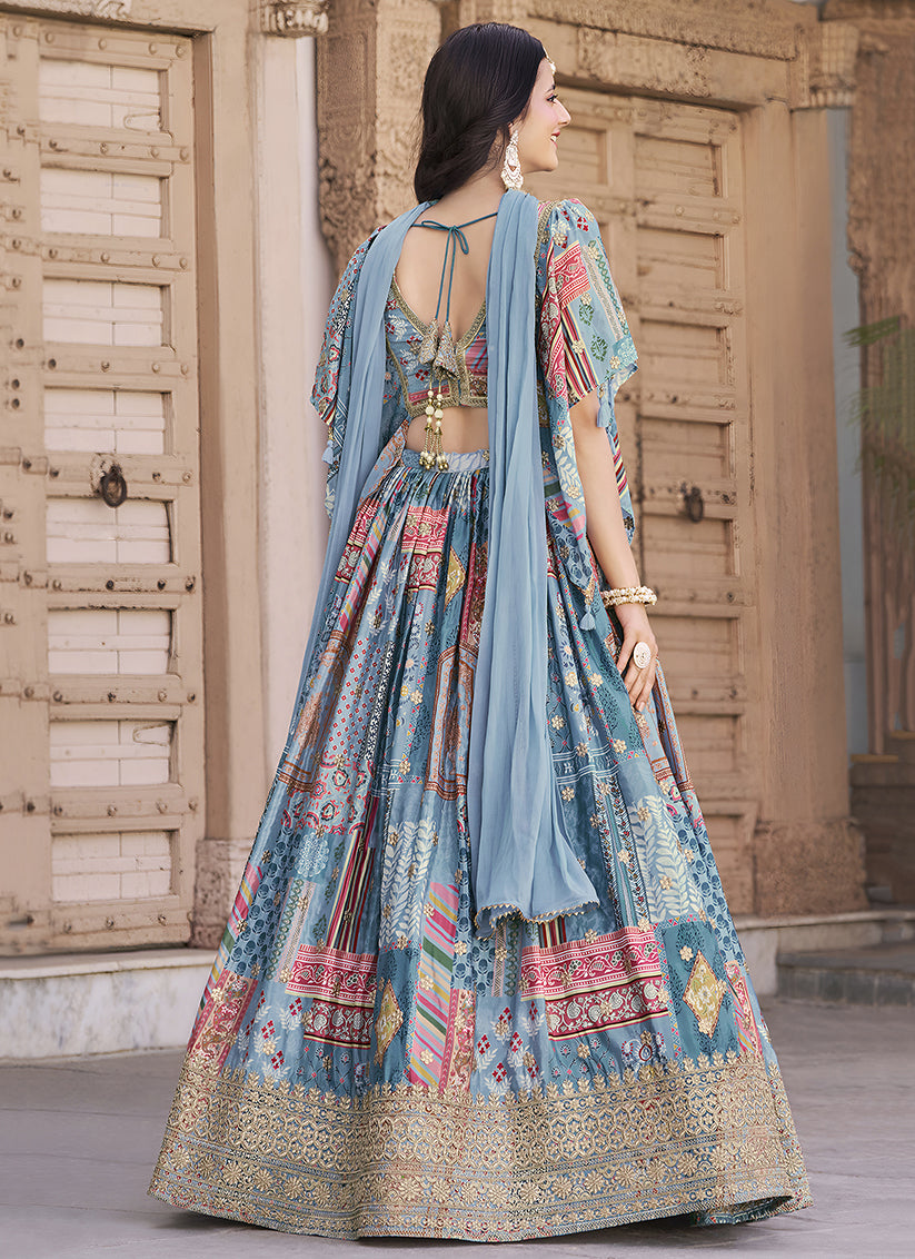 Sky Blue Embroidered Chinnon Silk Lehenga Choli Set for Festival