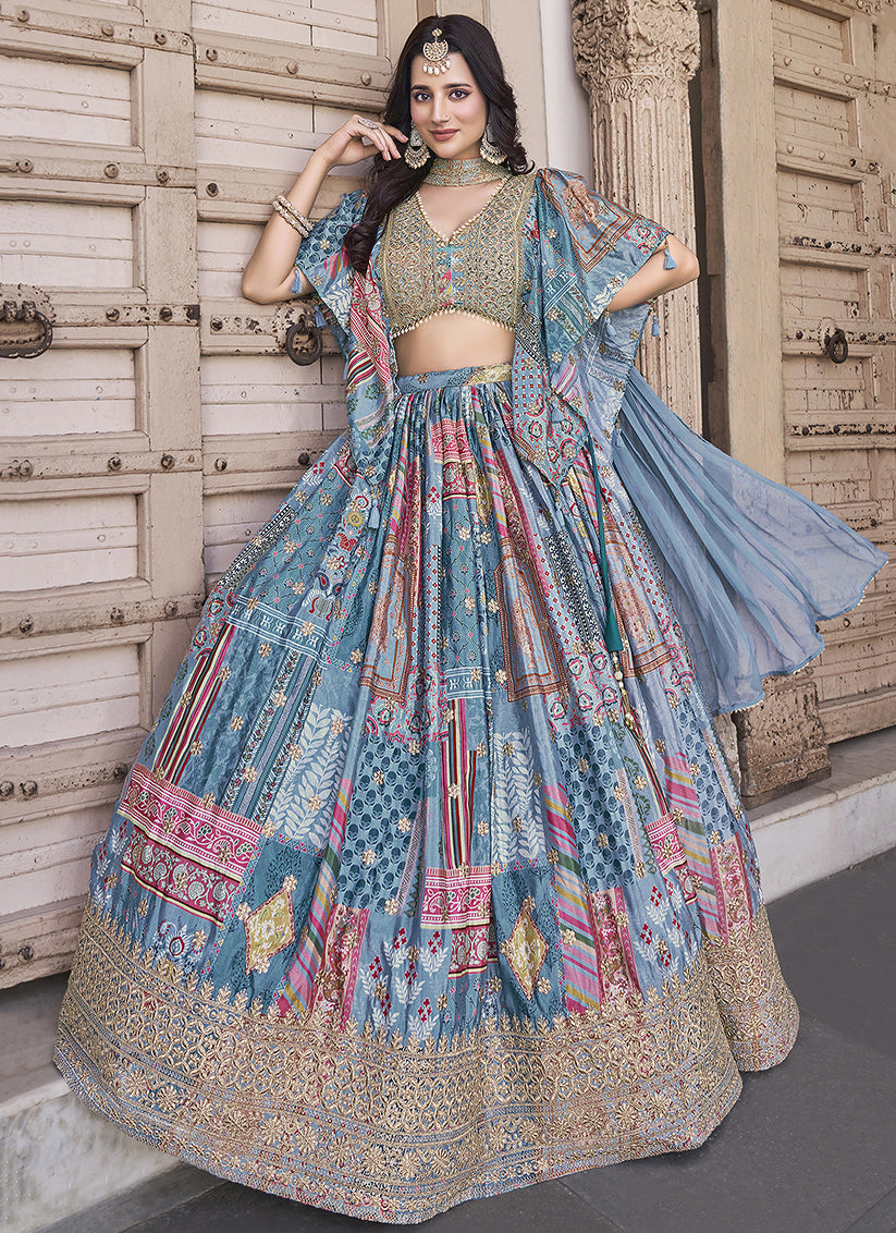 Sky Blue Embroidered Chinnon Silk Lehenga Choli Set for Festival