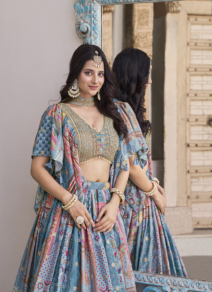 Sky Blue Embroidered Chinnon Silk Lehenga Choli Set for Festival