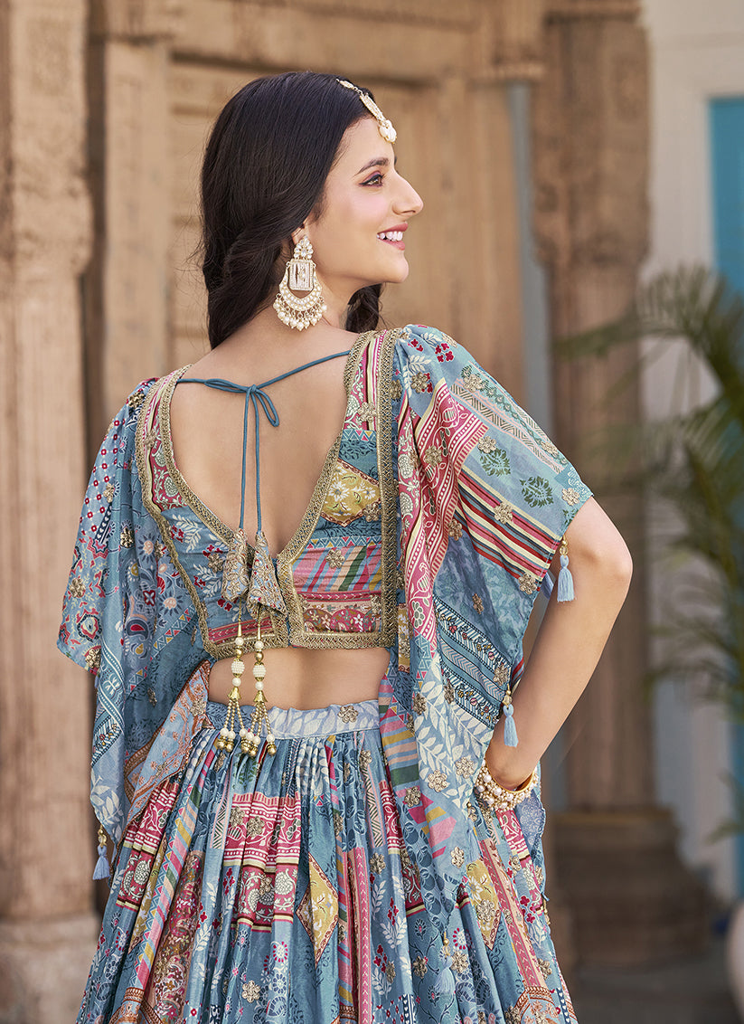 Sky Blue Embroidered Chinnon Silk Lehenga Choli Set for Festival