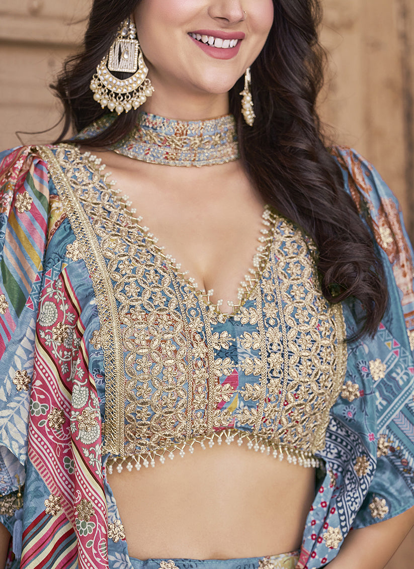Sky Blue Embroidered Chinnon Silk Lehenga Choli Set for Festival