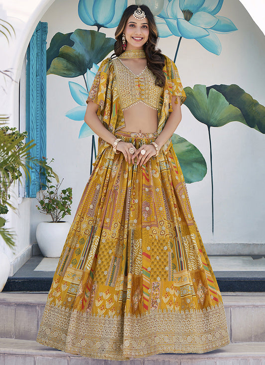 Mustard Yellow Embroidered Chinnon Silk Lehenga Choli Set for Festival