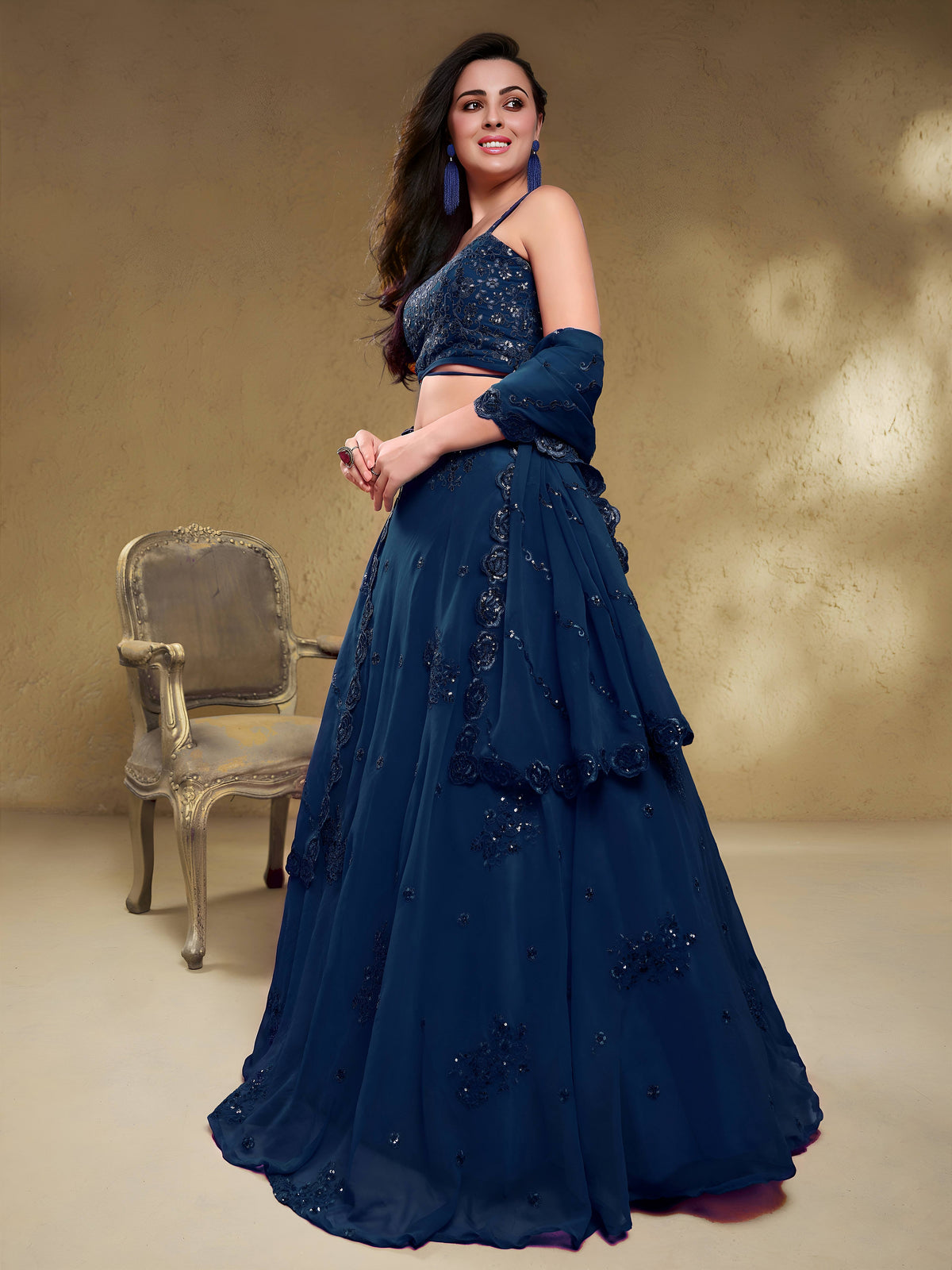 Navy Blue Embroidered Lehenga Choli for Wedding