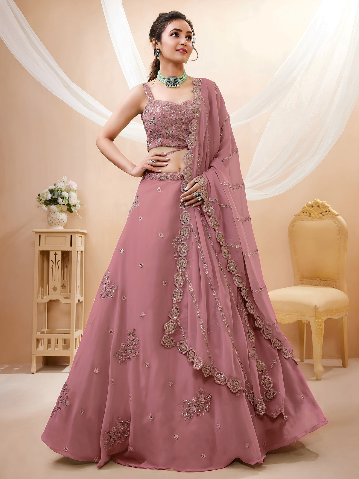 Dusty Rose Embroidered Lehenga Choli for Wedding