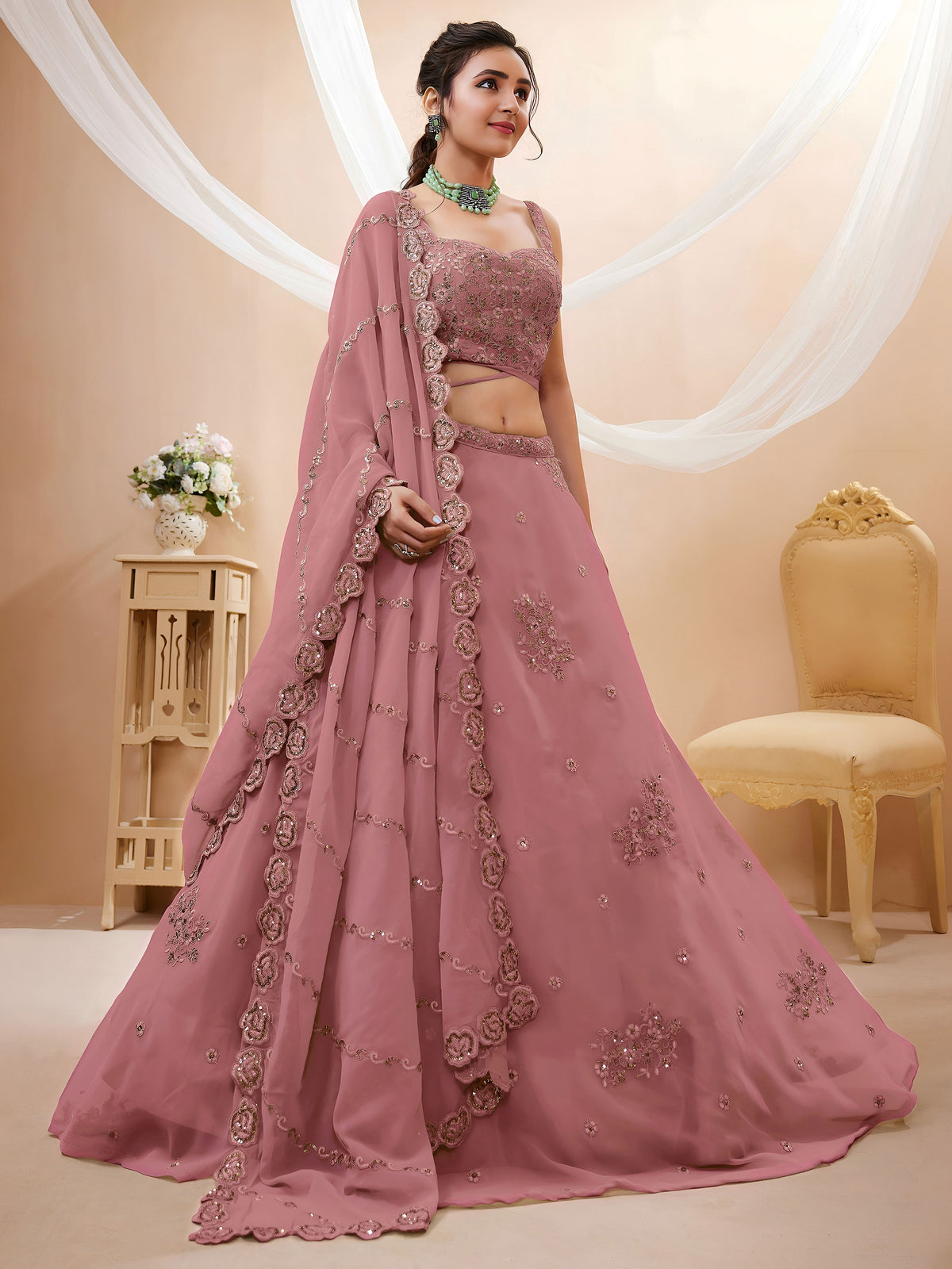 Dusty Rose Embroidered Lehenga Choli for Wedding